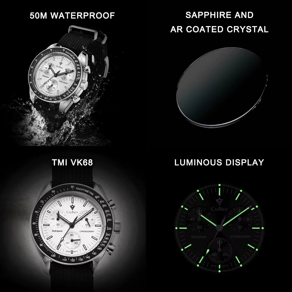 New Men'S Watches Luxury Quartz Wrist Watch for Men Sapphire AR Coated Crystal Canvas VK68 Speed Chronograph Automatic