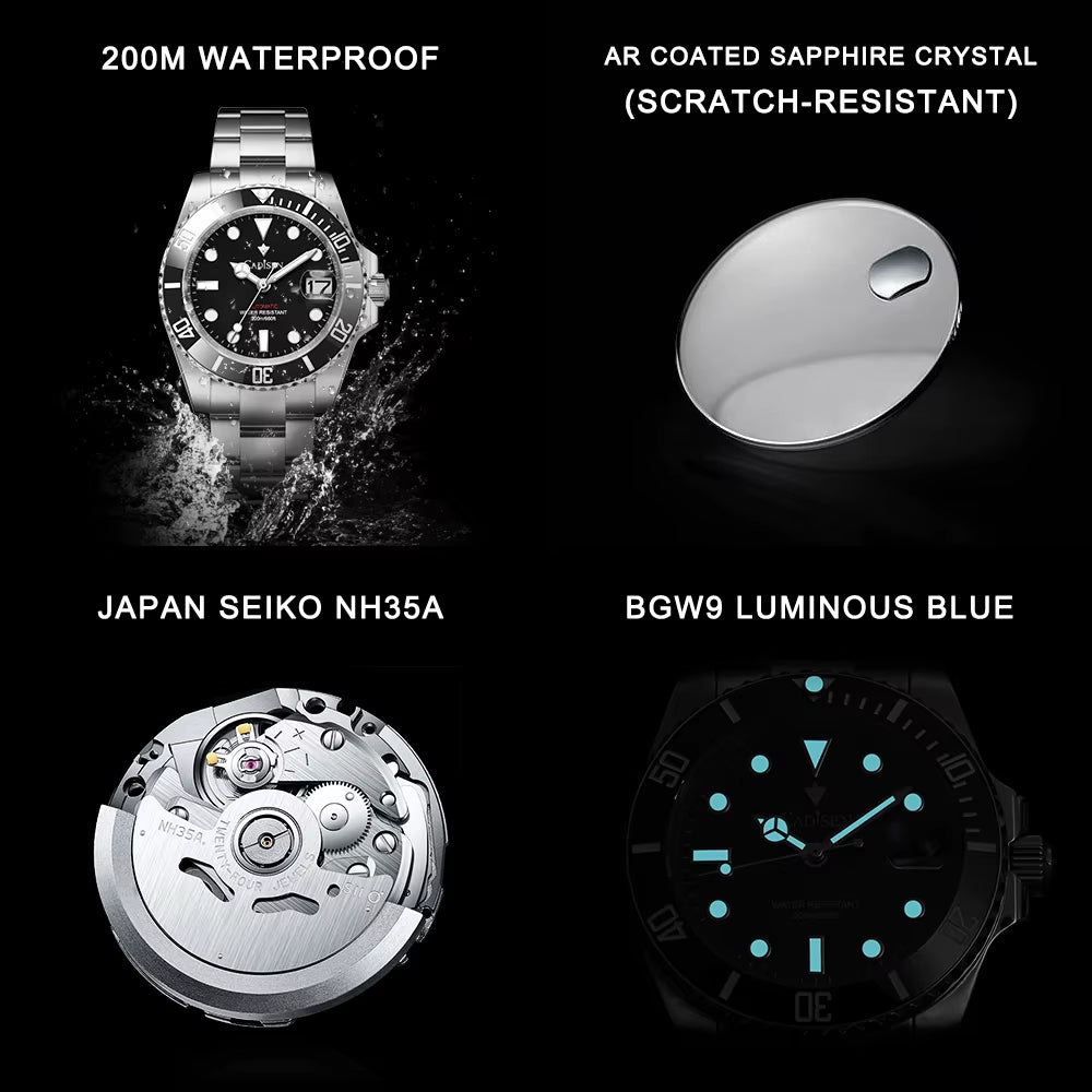 New Men Automatic Mechanical Watches NH35A Movement Stainless Steel Sapphire Glass Waterproof Men Watches Reloj Hombre