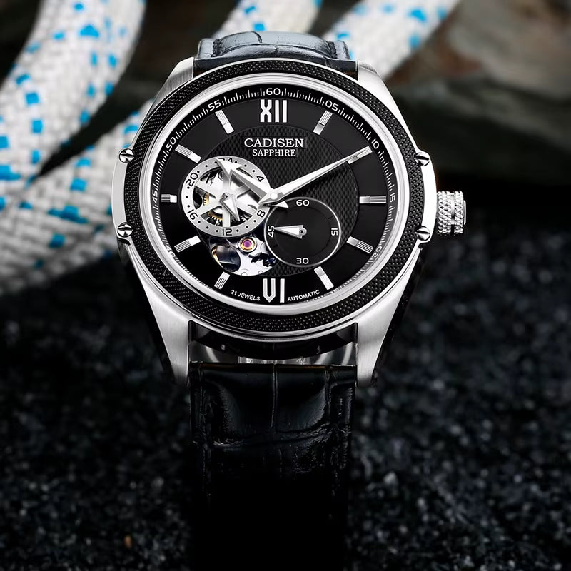 Men Watch Automatic Japan MIYOTA 82S7 MOVT Mechanical Watches Luminous Men Sapphire Glass Skeleton Clock Leather Strap